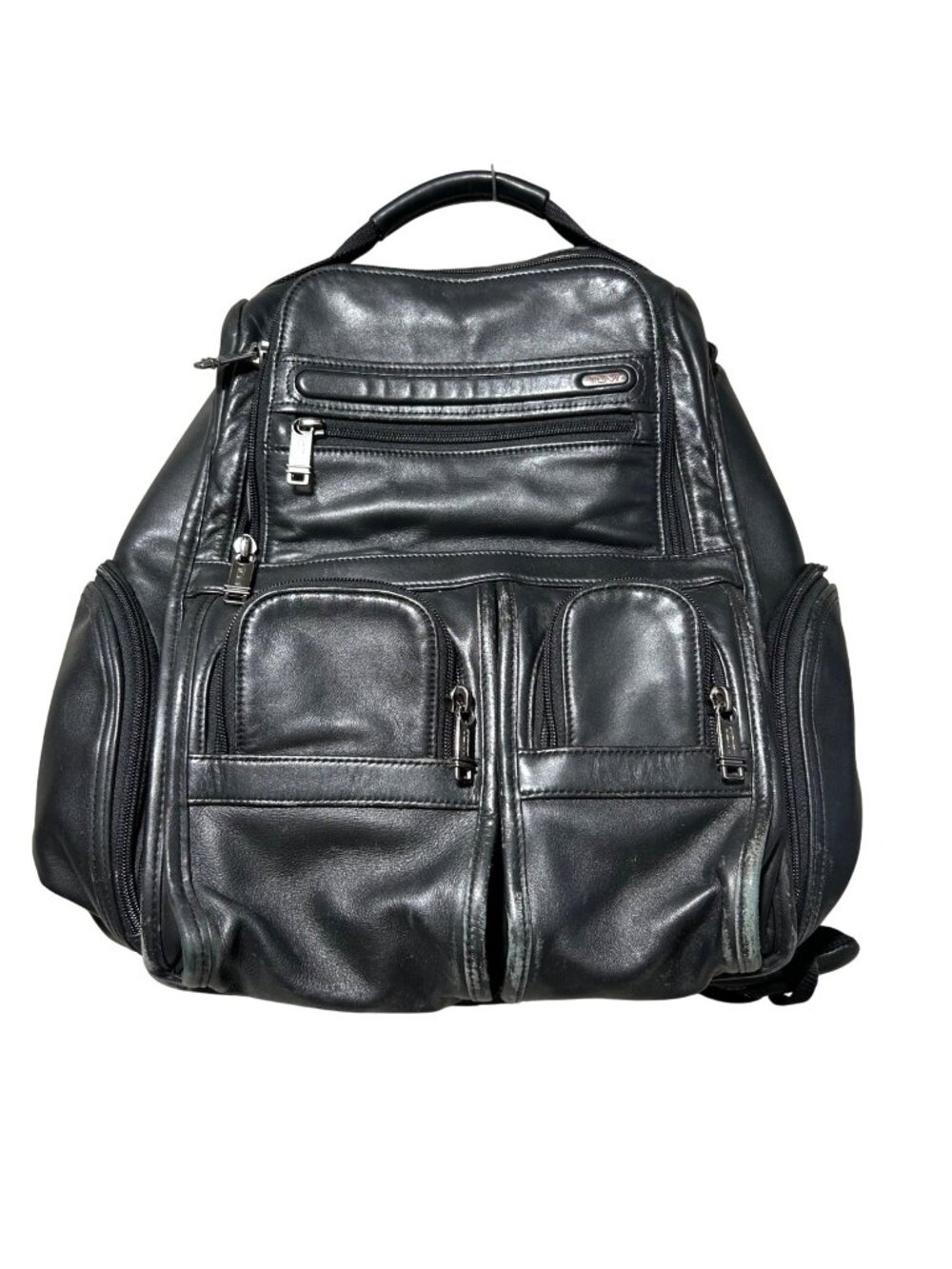 Tumi Black Leather Alpha Backpack With Multiple Compartments & Adjustable Straps